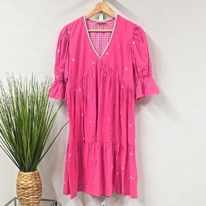 Bombay‎ Paisley Womens Hot Pink Cotton Tiered Babydoll Dress XS Gingham Trim